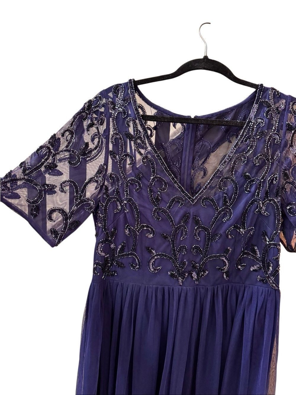 Papell Studio Navy Blue Beaded Mesh Formal Gown Dress Plus Size 16 - Picture 4 of 16